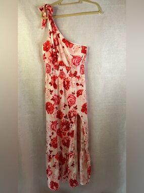 Dress White And Red Floral One Shoulder High Split Seem Smocked Waist Sz Medium